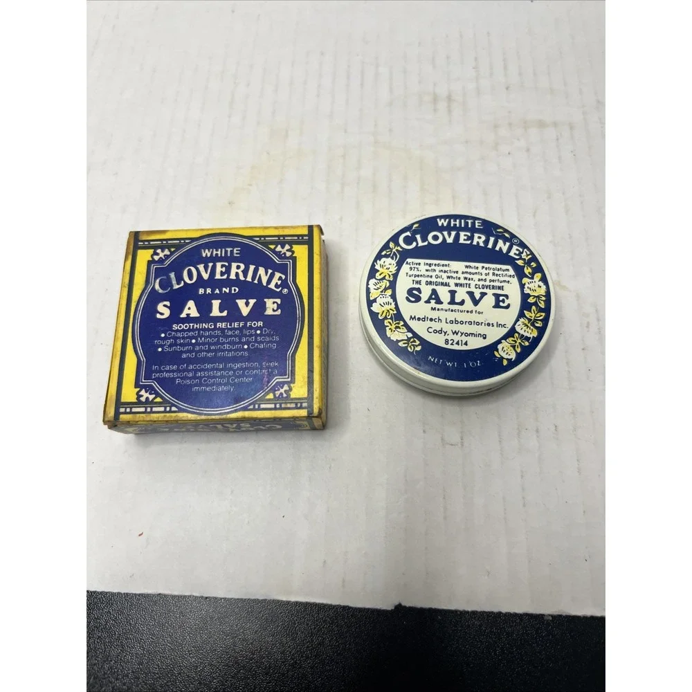 Vintage White Cloverine Salve Tin Bright Graphics With Salve Inside Great Colors